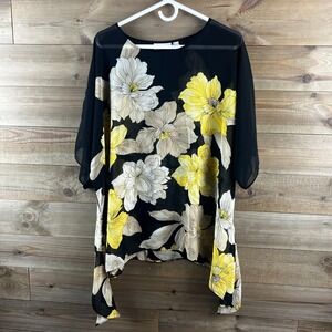 Susan Graver Womens‎ Shirt Round neck Floral Print Sheer Asymmetrical Hem Medium